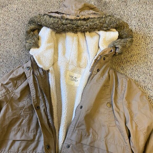 THREAD & SUPPLY Women L Utility Jacket Barn Chore Coat Khaki Fleece Lining Zip - Picture 14 of 14